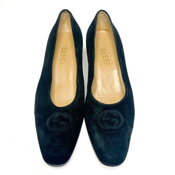 Gucci Interlocking GG Logo Heels 10 Black Suede Shoes Slip On Block Heel Pumps - Picture 1 of 10